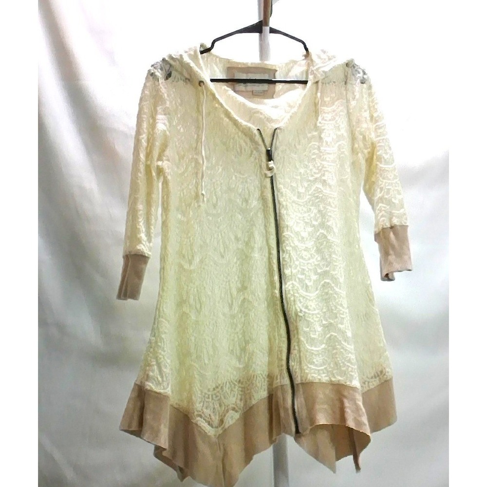Evy's Tree Womens Ivory Lace Zip Up Hoodie Whimsical Handkerchief Hem Large